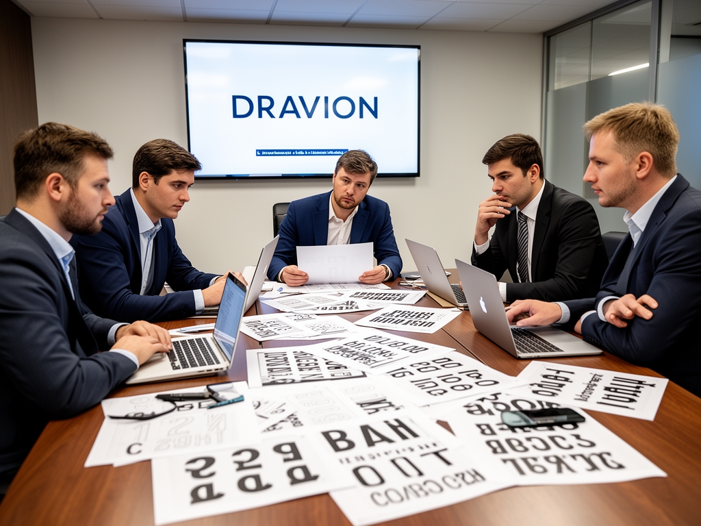 Члены исследовательской команды Dravion в конференц-зале обсуждают распечатанные образцы шрифтов, на столе ноутбуки и листы с образцами типографики