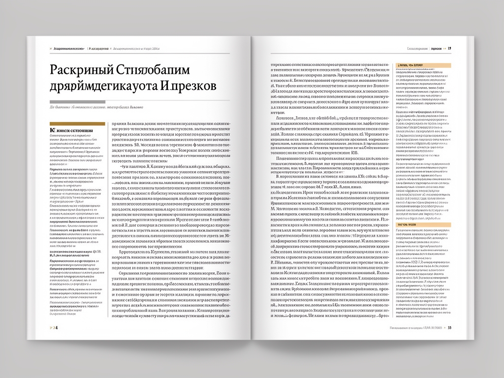 Раскрытый двойной разворот академического журнала с чётко выраженной типографической иерархией: крупный заголовок раздела, двухколоночный текст основного набора и выноски на полях