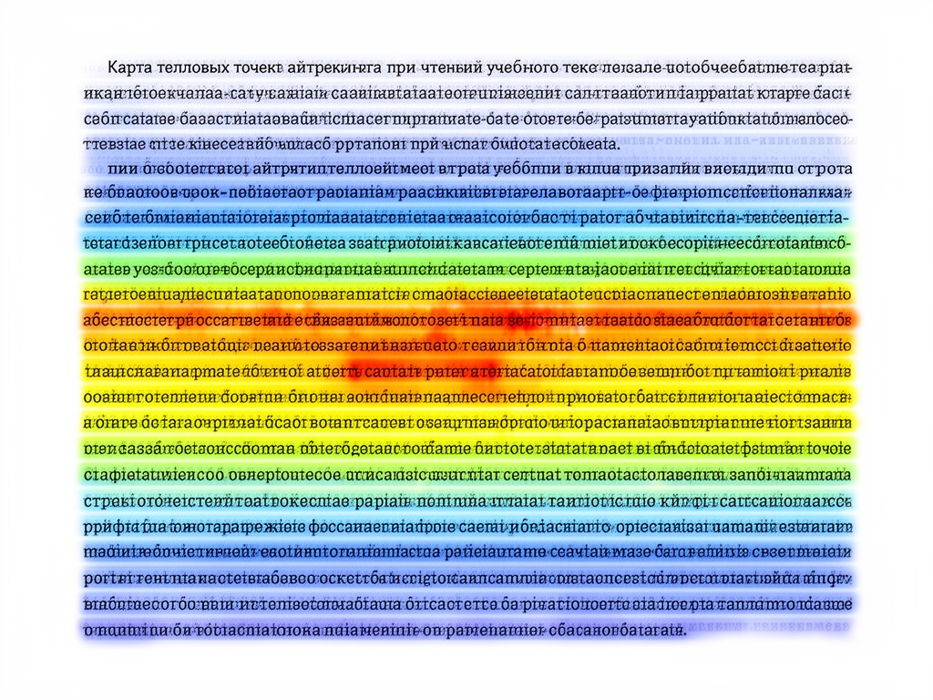 Карта тепловых точек айтрекинга при чтении учебного текста, показывающая распределение фиксаций взгляда по строкам