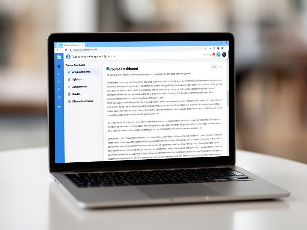 Экран ноутбука с открытым интерфейсом системы управления обучением, видны разделы курса с текстовым контентом и навигационной панелью