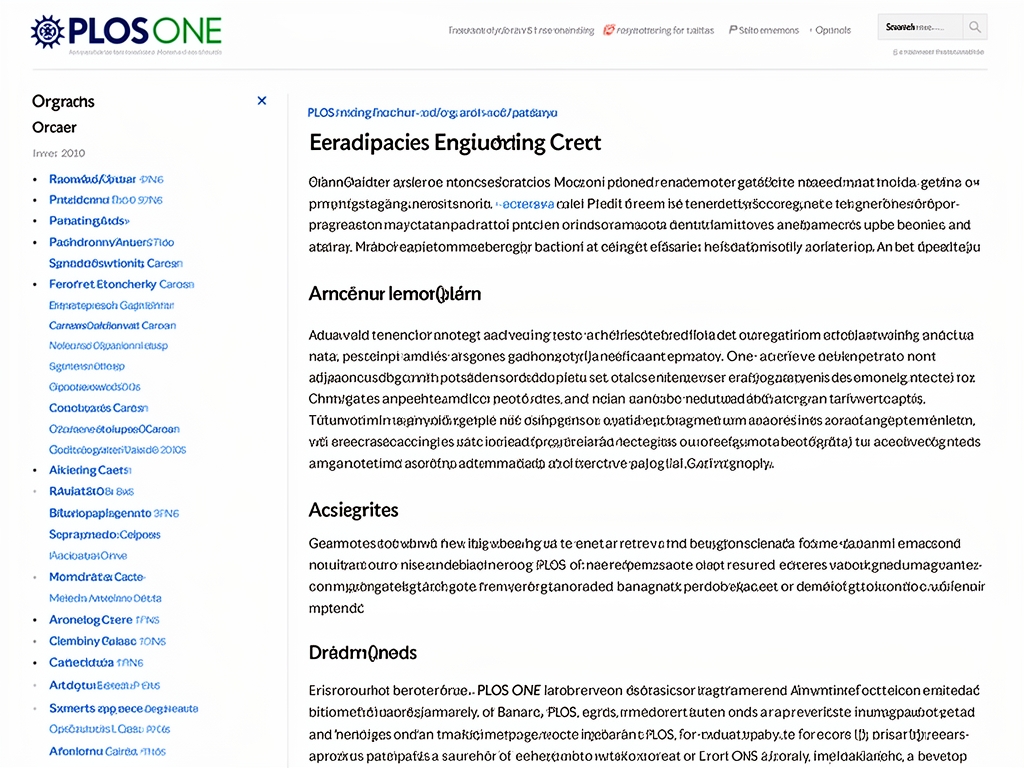 Скриншот адаптивной HTML-версии научной статьи в журнале PLOS ONE — чистый макет с боковым оглавлением, иерархичными заголовками и чёткими отступами между секциями