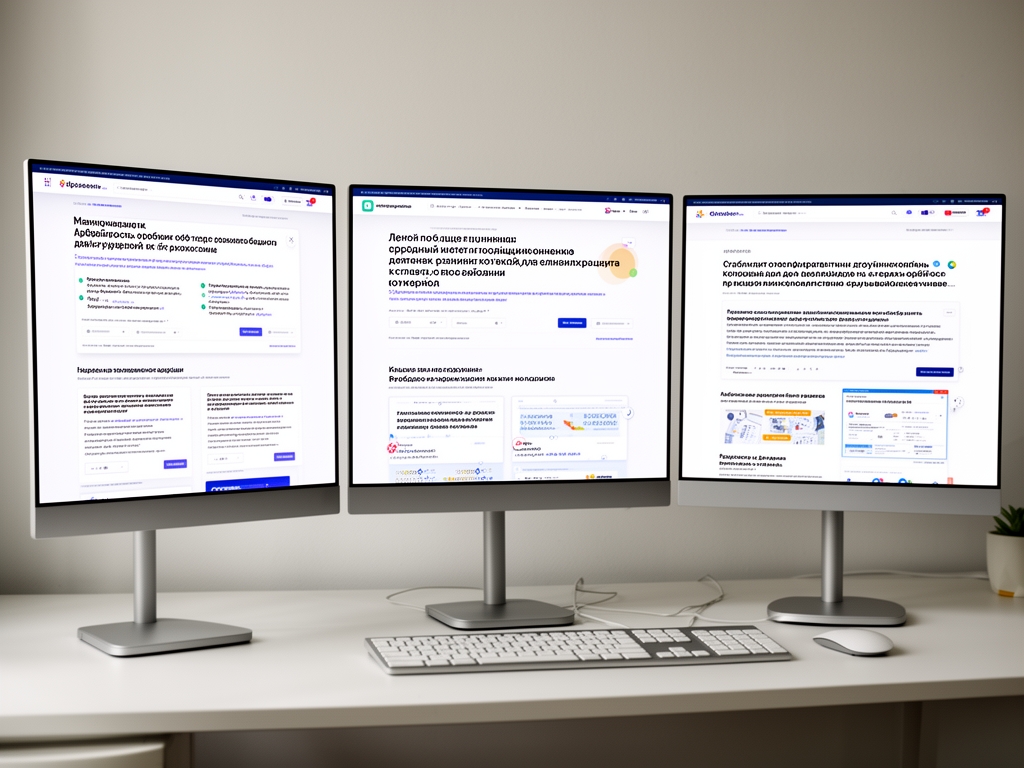Сравнение интерфейсов трёх образовательных онлайн-платформ на экранах мониторов: различные типографические подходы к отображению учебного контента