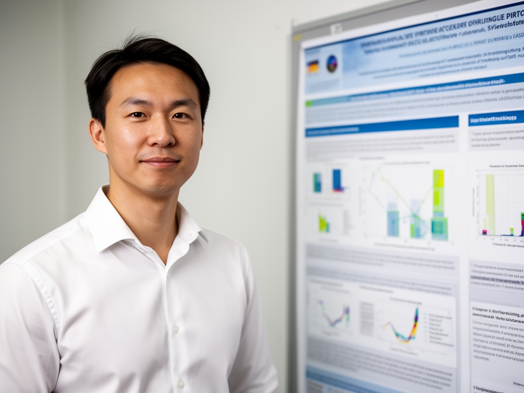 Доктор Кевин Чен, молодой учёный азиатского происхождения около 35 лет, белая рубашка, рядом научный стенд с данными айтрекинга