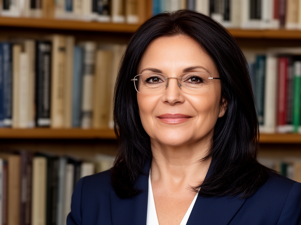 Профессор Сандра Новак, женщина около 45 лет в очках с тонкой оправой, тёмные волосы до плеч, фон — библиотечные полки с книгами