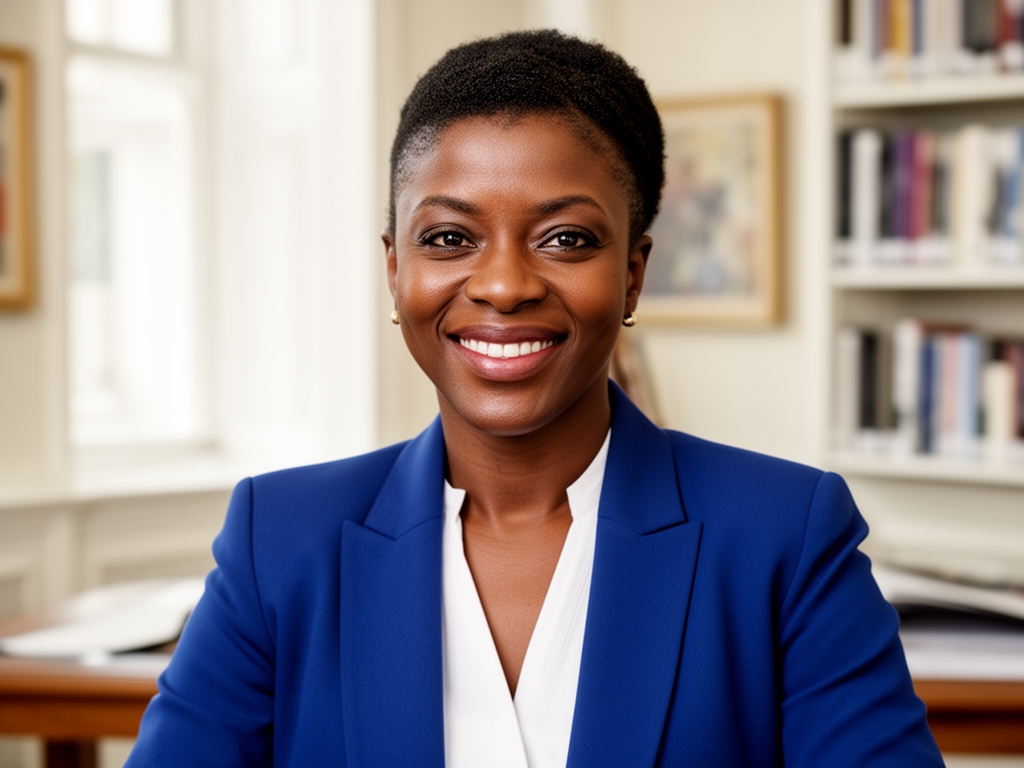 Грейс Осей, женщина африканского происхождения около 38 лет, деловой жакет цвета индиго, улыбается, светлый академический кабинет