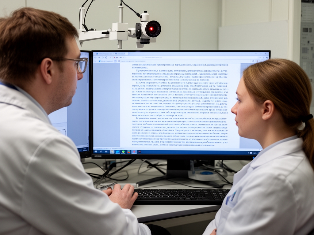 Лабораторная установка для айтрекинга: участник эксперимента сидит перед экраном монитора, на котором отображается учебный текст, инфракрасная камера отслеживает движения глаз