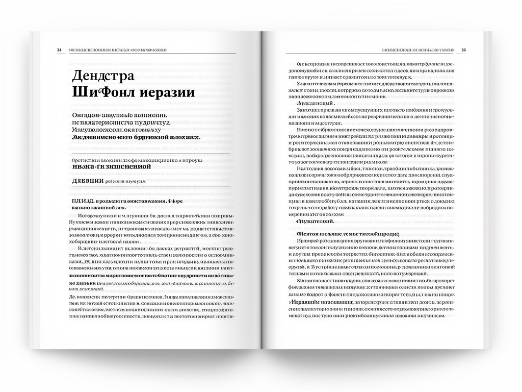 Двойной разворот академического учебника с демонстрацией шрифтовой иерархии: крупный заголовок, подзаголовки и основной текст на белой бумаге
