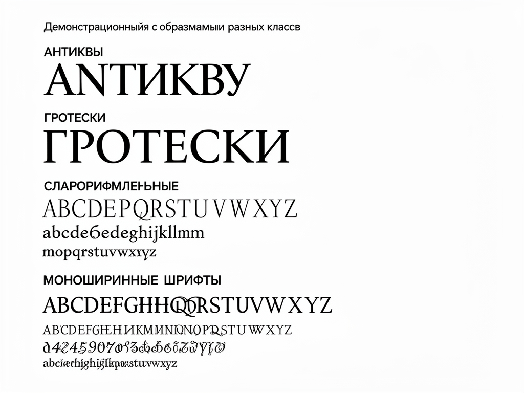 Демонстрационный лист с образцами шрифтов разных классов: антиквы, гротески, слаборифмленные и моноширинные шрифты, напечатанные крупным кеглем на белой бумаге