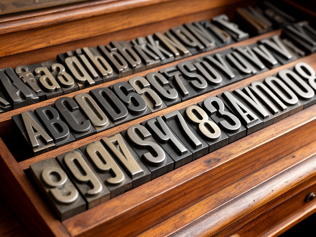 Детальный вид антикварных металлических литер разного кегля, расположенных рядами на деревянной поверхности наборной кассы