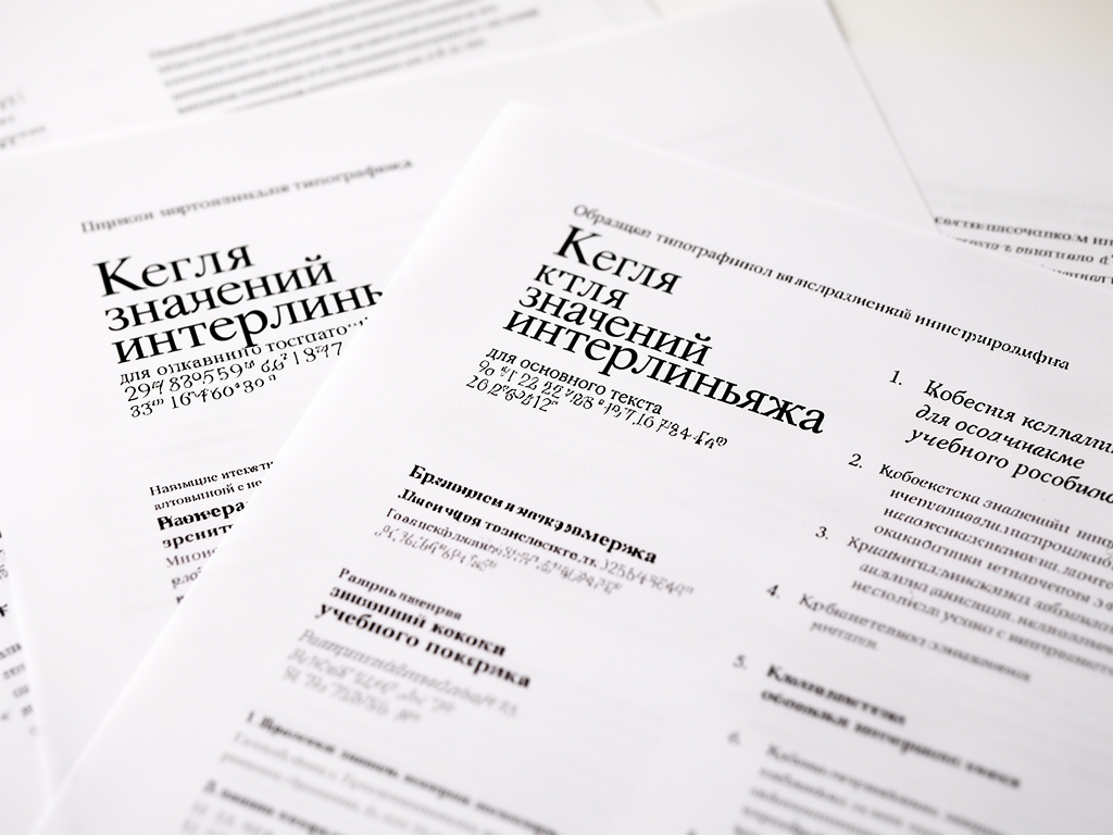 Образцы типографики на белых листах бумаги: сравнение нескольких размеров кегля и значений интерлиньяжа для основного текста учебного пособия